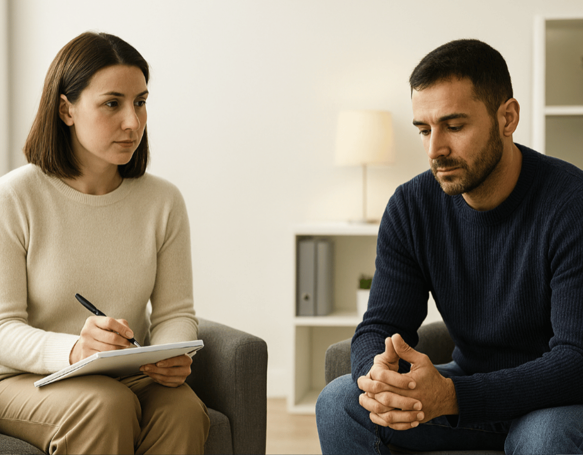 An illustration of a woman with a laptop talking to a man sitting across from her. The man is gesturing with one hand, and a speech bubble appears between them, indicating a conversation.