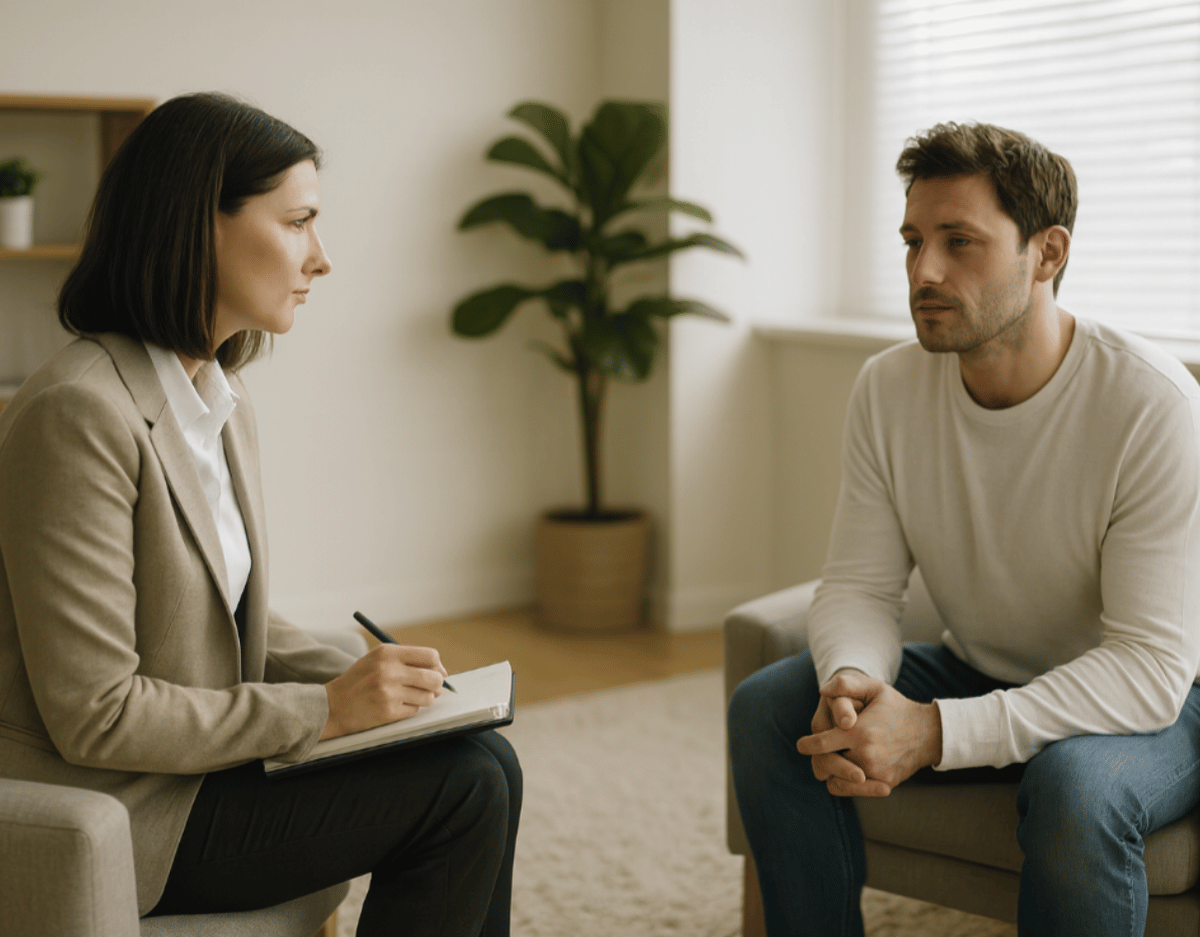 Illustration of a person lying on a couch talking to a seated therapist, who is taking notes and listening attentively, suggesting a therapy or counseling session.