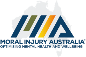 Logo for Moral Injury Australia, featuring abstract green, yellow, and orange lines forming the initials "MIA" above the text "Moral Injury Australia - Optimising Mental Health and Wellbeing," with Australia faintly outlined in the background.