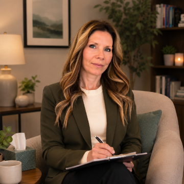 A woman with long, wavy hair sits in an armchair, holding a pen and clipboard, appearing attentive and professional in a warmly lit office with plants, books, and a framed picture in the background.