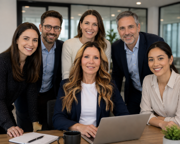 Six professionals, three men and three women, pose together in an office setting. One woman sits at a desk with a laptop while the others stand and smile behind her, suggesting a friendly, collaborative work environment.